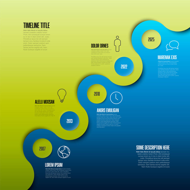 Vector Diagonal Infographic Company Milestones Timeline Template mit Kreisen und zweifarbigem Hintergrund - grün und blau. Zeitleistenvorlage mit Symbolen auf gespaltenem Hintergrund - Vektor, Bild