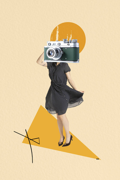 Contemporary art collage. Stylish woman in retro dress headed of vintage camera isolated over yellow background. Old-fashioned style. Concept of surrealism, creativity, inspiration. Modern artwork - Foto, Imagen