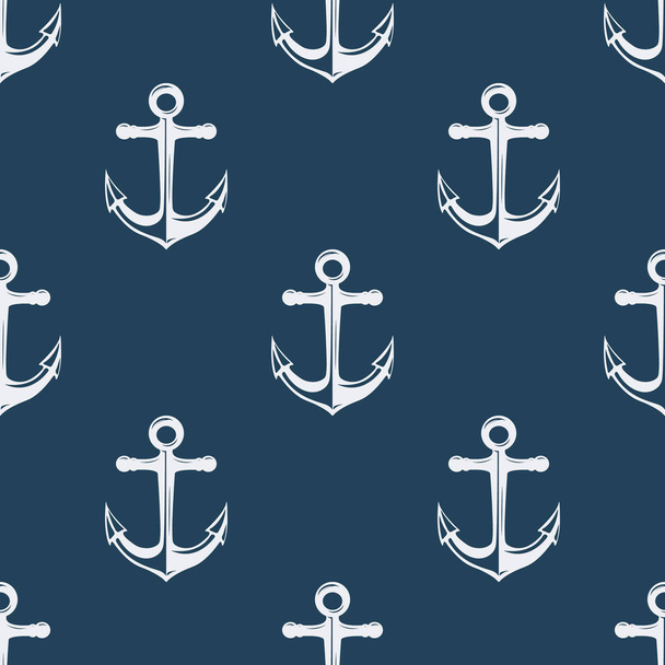 Vector Seamless Pattern with Hand drawn Anchor. Design Template for Textile, Apparel, Wallpapers. White Anchor on Blue. Antique Vintage Marine Anchors. - Vector, imagen