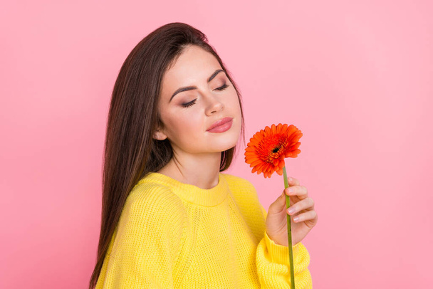 Profile side photo of young lovely lady imagination hold flower gift isolated over pink color background. - Fotoğraf, Görsel
