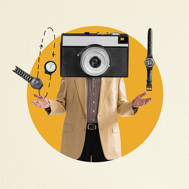 Contemporary art collage. Man in stylish vintage suit with retro camera head isolated on yellow background. Watches element. Time for art. Concept of surrealism, creativity, inspiration. Retro design - Valokuva, kuva