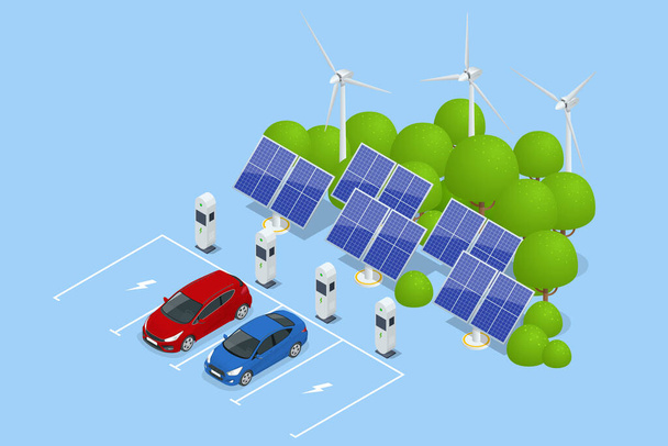 Isometric Car charger. Electromobile charging station. Caron renewable solar wind energy in network grid - ベクター画像