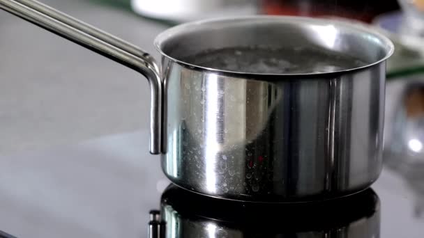 Een pot water kokend op een inductie kachel.  - Video