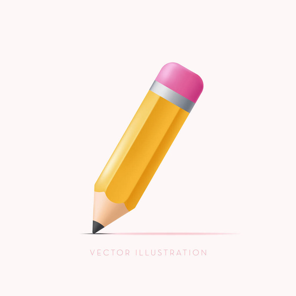 Żółty ołówek. Objętościowy drewniany obiekt do pisania i rysowania. Ilustracja wektora w kreskówkowym stylu minimalnym - Wektor, obraz