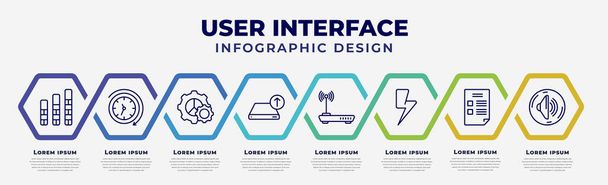 vector infographic design template with icons and 8 options or steps. infographic for user interface concept. included vertical bar, anti clockwise, tings cog, uploading from drive, internet modem, - Vector, Image