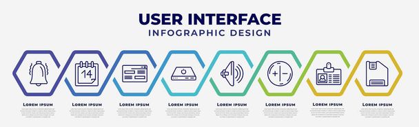 vector infographic design template with icons and 8 options or steps. infographic for user interface concept. included alarm button, daily calendar day 14, looking, tiny power, high volume - ベクター画像