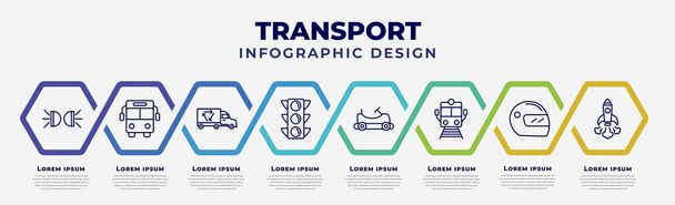vector infographic design template with icons and 8 options or steps. infographic for transport concept. included car lights, public transport, recycling truck, semaphore, go kart, train front view, - Vecteur, image