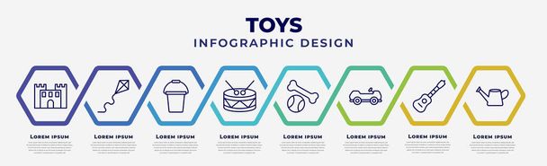 vector infographic design template with icons and 8 options or steps. infographic for toys concept. included bouncy castle toy, kite toy, bucket toy, drum puppy cart guitar watering can - Vector, afbeelding