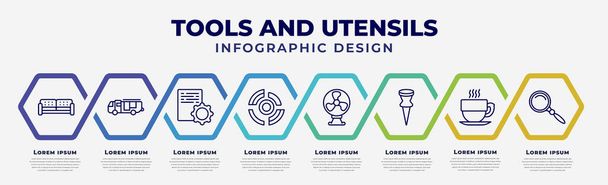 vector infographic design template with icons and 8 options or steps. infographic for tools and utensils concept. included house things, firetruck, program tings, radial, table fan, attached, hot - Vektor, kép
