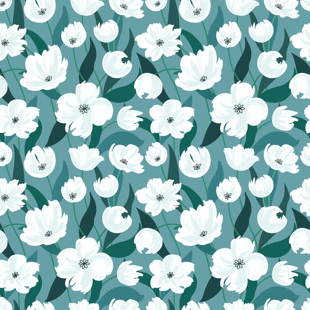 Vector seamless pattern with hand drawn wild flowers on a green background. Vector illustration, floral elements, hand drawn repeating background. Artistic background. - Vector, Imagen