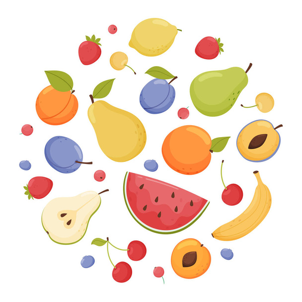 Round composition of fresh garden and tropical fruits and berries. Organic vegan food. Vector illustration in cartoon style on a white background. - Вектор, зображення