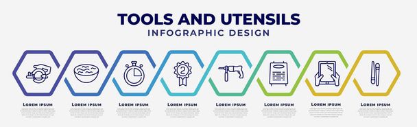vector infographic design template with icons and 8 options or steps. infographic for tools and utensils concept. included power saw, water bowl, stopwatch, second, hammer drill, daily specials - Vector, Imagen