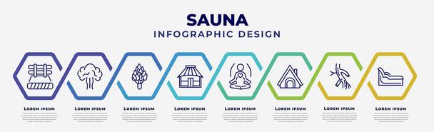 vector infographic design template with icons and 8 options or steps. infographic for sauna concept. included brine cabin, steam jet, hemlock, yurt, well-being, hideaway, arterioles, tepidarium. - Vecteur, image