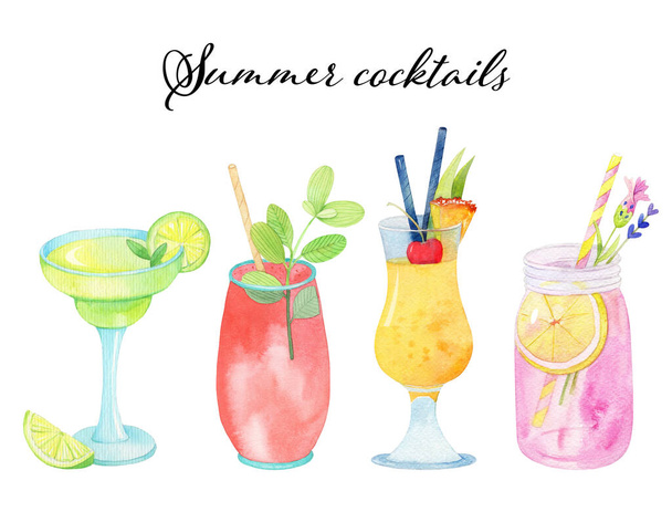 Watercolor Set of beverages and cocktails on a white - Photo, Image