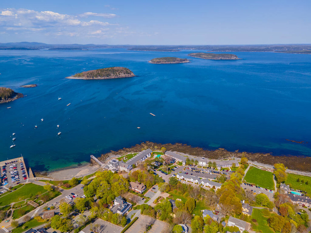 Bar Harbor historic town center on Main Street and Porcupine Islands in Frenchman Bay aerial view, Bar Harbor, Maine ME, USA.  - Photo, Image