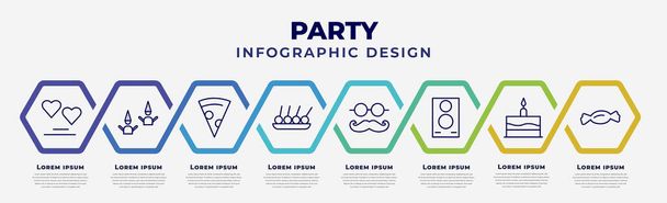vector infographic design template with icons and 8 options or steps. infographic for party concept. included big heart, birthday friends, pizza slice, skewer, mustache with glasses, big speaker, - Vector, afbeelding