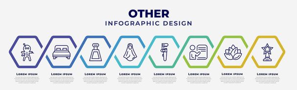 vector infographic design template with icons and 8 options or steps. infographic for other concept. included voodoo puppet, hotel bed, kilograms, araba woman, pipe wrench, demostration, loto, star - Vettoriali, immagini