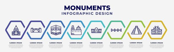 vector infographic design template with icons and 8 options or steps. infographic for monuments concept. included united states capitol, stari most, kaaba building, blue domed churches, alcala gate, - Vector, Image