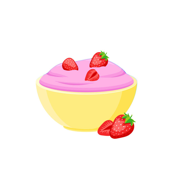 Yogurt alla fragola in un'illustrazione vettoriale del fumetto di prua. crema rosa fragola in un piatto. - Vettoriali, immagini