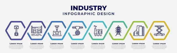 vector infographic design template with icons and 8 options or steps. infographic for industry concept. included piston, hydro power generation, crusher, uncoiler, geothermal, power tower, oil tank, - Vektor, kép