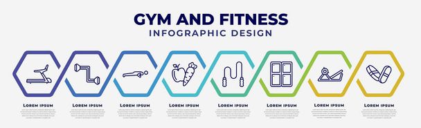 vector infographic design template with icons and 8 options or steps. infographic for gym and fitness concept. included training apparatus, resistance, pushups exercises, carrot and, skip rope, - Vektor, obrázek