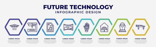 vector infographic design template with icons and 8 options or steps. infographic for future technology concept. included vehicle, 3d printer, audio file, panoramic view, wired gloves, smart house, - ベクター画像