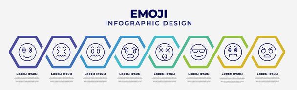 vector infographic design template with icons and 8 options or steps. infographic for emoji concept. included emoji emoji, disgusted silent anguished dizzy cool nauseated yelling - Vettoriali, immagini