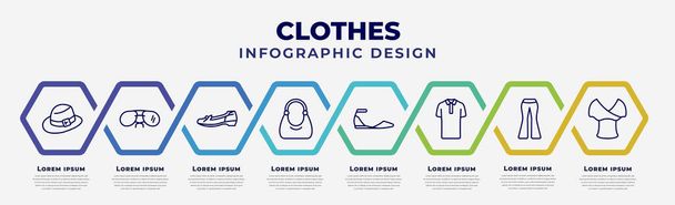 vector infographic design template with icons and 8 options or steps. infographic for clothes concept. included men hat, pilot sunglasses, leather shoes, hobo bag, flat shoes, cotton polo shirt, - Vecteur, image