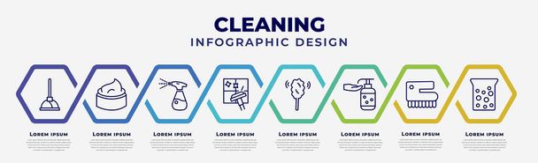 vector infographic design template with icons and 8 options or steps. infographic for cleaning concept. included plunger, cream, cleaning spray, cleaning window, duster, hand washing, scrub brush, - Vetor, Imagem