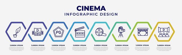 vector infographic design template with icons and 8 options or steps. infographic for cinema concept. included author, home theater, parental guidance, cinema clapperboard, big film roll, old - Vector, Image