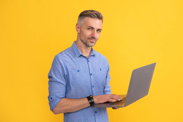 hombre adulto que trabaja en línea en el ordenador portátil en el fondo amarillo, empresario. - Foto, imagen