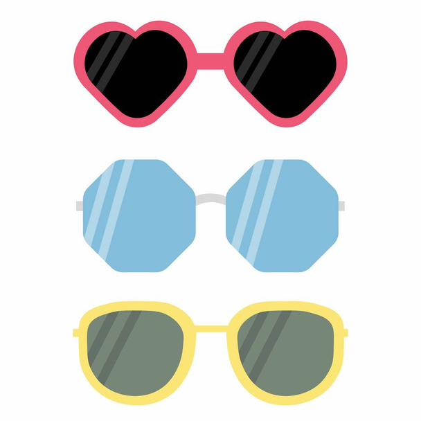 Un conjunto de gafas de sol montura rosa, azul y amarilla con lentes negras y oscuras. Ilustración vectorial en estilo plano eps10. - Vector, imagen
