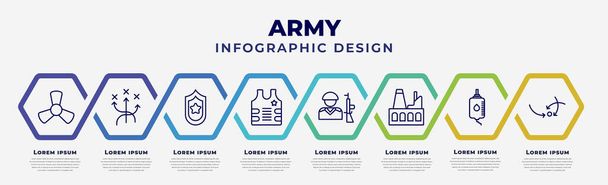 vector infographic design template with icons and 8 options or steps. infographic for army concept. included toxic, militar strategy, two branches of frame, bulletproof vest, soldiers and a weapon, - Wektor, obraz