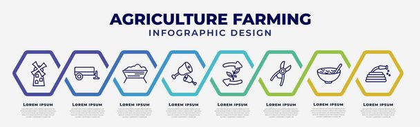 vector infographic design template with icons and 8 options or steps. infographic for agriculture farming concept. included flour mill, trailer, trough, meat, crop rotation, shears, cereals, hose. - Vektor, kép