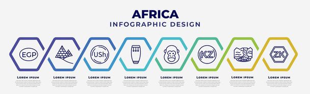 vector infographic design template with icons and 8 options or steps. infographic for africa concept. included egyptian pound, pyramids, ugandan shilling, conga, gorilla, angolan kwanza, waterfall, - Vektör, Görsel