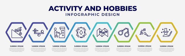 vector infographic design template with icons and 8 options or steps. infographic for activity and hobbies concept. included downhill, balancing, pachinko, baccarat, travelling, arrest, sing, - Vektor, Bild