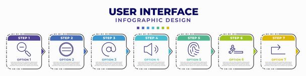 infographic template with icons and 7 options or steps. infographic for user interface concept. included zoom out, pause, at, medium volume, finger prints, voice message, forward editable vector. - Вектор,изображение