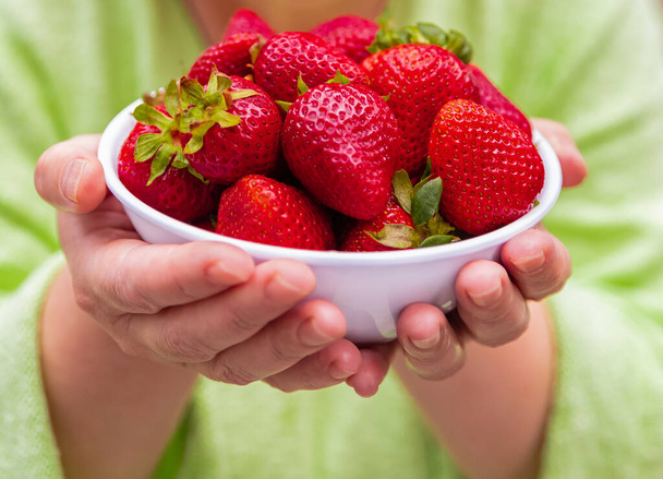 Healthy eating, dieting, vegetarian food and people. Close up of woman hands holding strawberries at home. Cropped image a woman's hands holding a bunch of strawberries, blurred photo, selective focus - Fotografie, Obrázek
