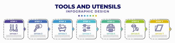 infographic template with icons and 7 options or steps. infographic for tools and utensils concept. included kitchen tools, key ring, bath tub, edit tools, blank paper and printer, candies, shear - Vettoriali, immagini