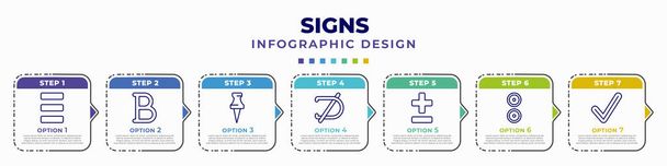 infographic template with icons and 7 options or steps. infographic for signs concept. included identical to, b letter, pinned, is not a sub, plus less, reason, check point editable vector. - Vector, afbeelding