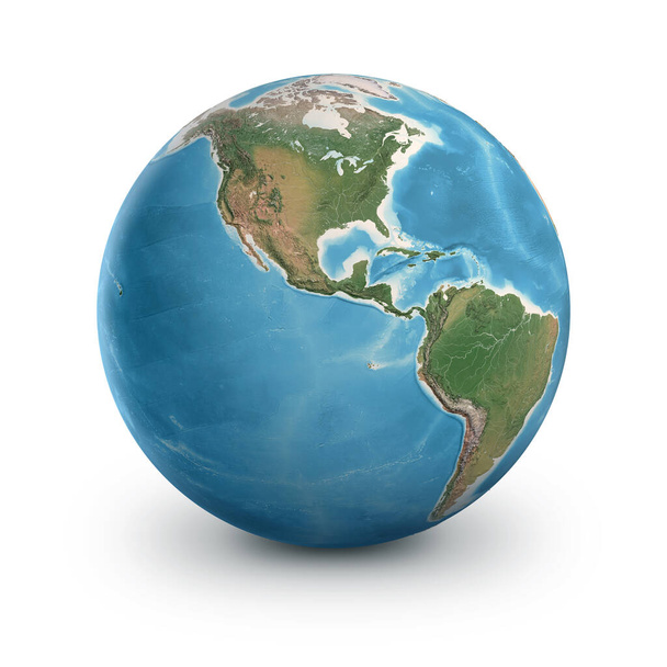 Planeta Tierra, aislado en blanco. Globo terrestre físico, centrado en América del Norte y del Sur - Ilustración 3D, elementos de esta imagen proporcionados por la NASA. - Foto, Imagen