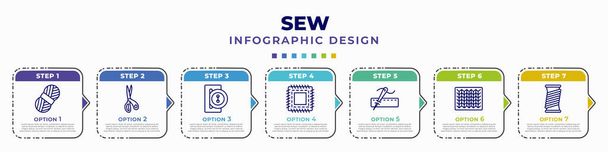 infographic template with icons and 7 options or steps. infographic for sew concept. included wool ball, cutting tool, buttonhole, patch, running stitch, knit, wire coil editable vector. - Vector, afbeelding