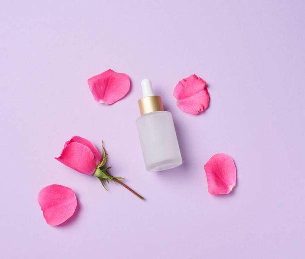 Bílá skleněná lahvička s pipetou pro kosmetiku, oleje a sérum. Reklama a propagace produktů, pohled shora - Fotografie, Obrázek
