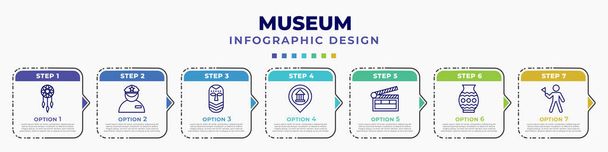 infographic template with icons and 7 options or steps. infographic for museum concept. included dreamcatcher, security guard, african mask, museum map, cinema, porcelain, excursion editable vector. - Vecteur, image
