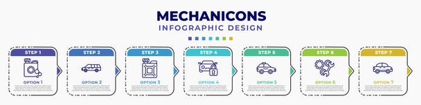 infographic template with icons and 7 options or steps. infographic for mechanicons concept. included oil can with big drop, limousine side view, change car oil, car and padlock, taxi facing left, - Vektör, Görsel