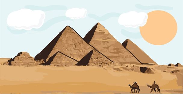 Drawing pyramids and desert in Giza, Egypt. Vector illustration - Vector, Image