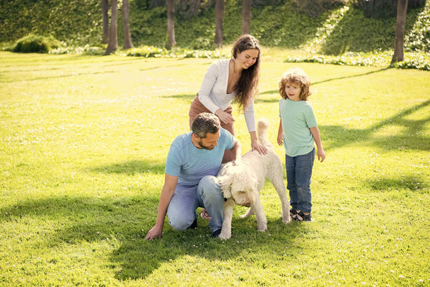 szczęśliwa rodzina ojca i syna bawiących się ze zwierzętami domowymi w parku letnim zielona trawa, rodzina. - Zdjęcie, obraz