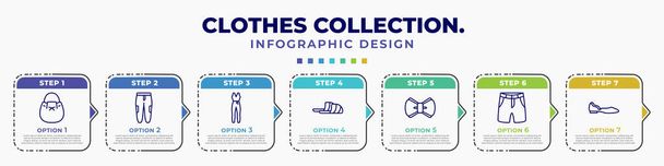 infographic template with icons and 7 options or steps. infographic for clothes collection. concept. included bucket bag, chi pants, jumpsuit, sleepers, bow tie, chino shorts, ballets flats editable - Вектор,изображение