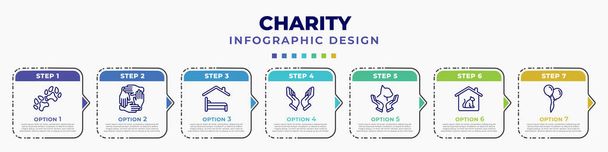 infographic template with icons and 7 options or steps. infographic for charity concept. included dog pawprint, solidarity, shelter beds, praying, animal rights, animal shelter, ballons editable - Vector, Image