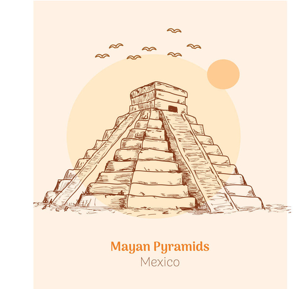 Maya piramitleri - Meksika el çizimi vektör illüstrasyonu - Vektör, Görsel